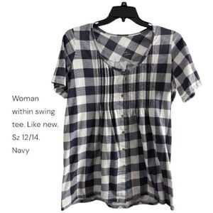 Woman Within Navy and White Checkered Short Sleeve Top